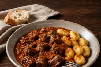 طبق أبيض من غولاش اللحم الأحمر الداكن مع قطع لحم طرية ونيوكي بطاطس ذهبية إلى الجانب