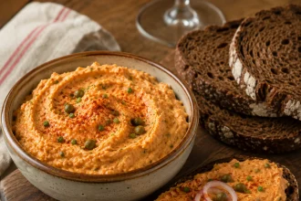 وعاء ليبتاور برتقالي مع الكبر والثوم المعمر وشريحة خبز جاودار مدهونة