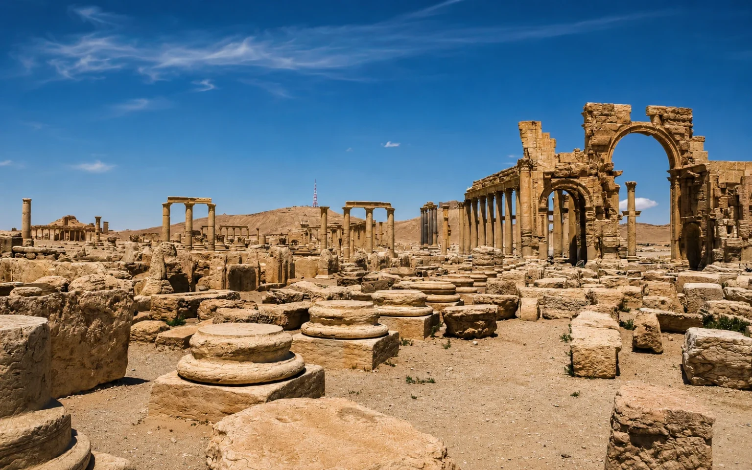 أطلال تدمر الحجرية في الصحراء السورية مع الأقواس والأعمدة القديمة