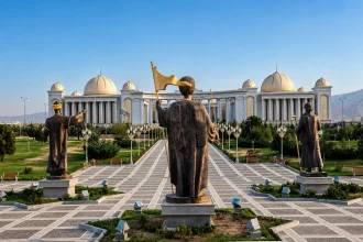 تماثيل برونزية أمام مبنى رخامي ذي قباب في عشق آباد