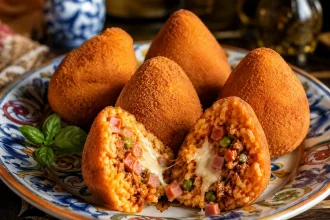 أرانشيني ذهبية مع مقطع يظهر الأرز والراغو والبازلاء والجبن الذائب