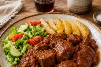منظر مربع ليخنة كوكينيستو حمراء مع لحم بقر وجزر وبقدونس