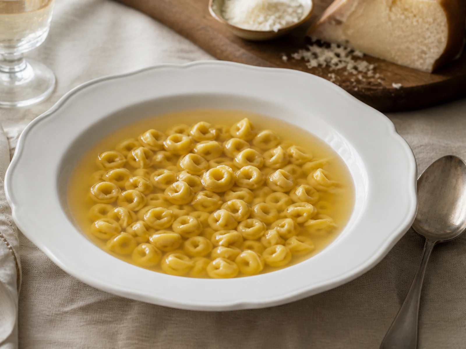 清澈肉汤中的 tortellini 近景