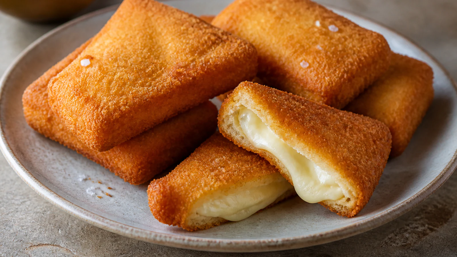 Mozzarella in carrozza — zdjęcie główne Złocista panierowana mozzarella in carrozza z płynnym serowym środkiem