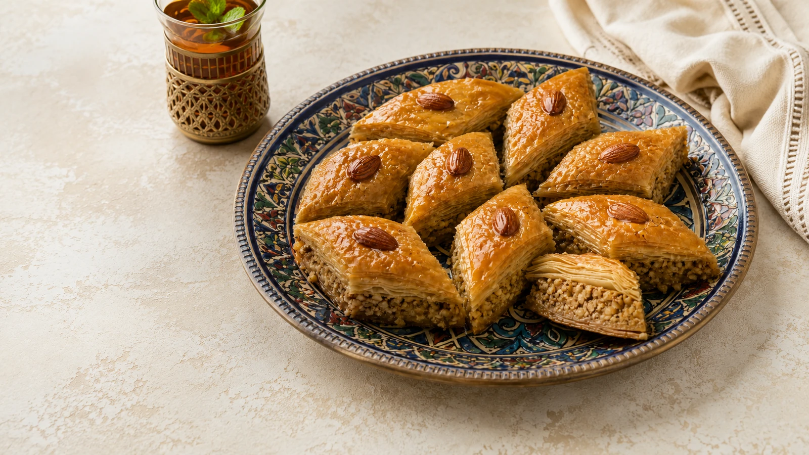 Gemusterter Teller mit goldenen Baklawa-Rauten, Mandeln und sichtbarer Schichtfüllung neben Minztee
