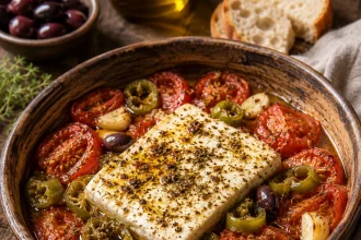 Griechisches Bouyiourdi mit Feta Tomate grüner Chili und Oregano