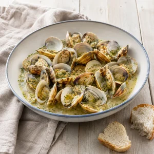 Geöffnete Venusmuscheln in heller Buzara-Soße mit Petersilie und Brot auf Holztisch