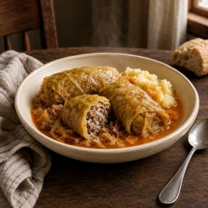 Drei kroatische Sarma-Rollen in Sauerkrautsauce