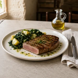 Gegrilltes Thunfischsteak mit rosa Anschnitt