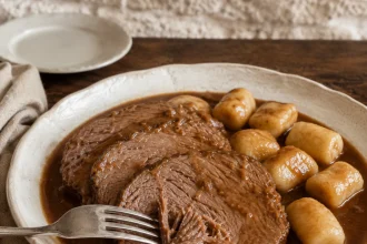 Breite Scheiben geschmorter Lammkeule in dunkler Sauce mit goldenen Kartoffelgnocchi
