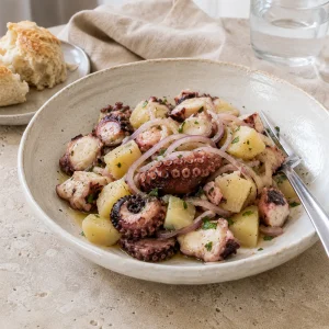Quadratische Aufnahme von Oktopussalat mit Kartoffeln