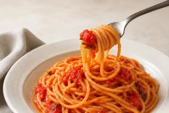Quadratische Aufnahme von Spaghetti in stückiger roter Tomatensauce mit einer Gabel über einer hellen Keramikschale
