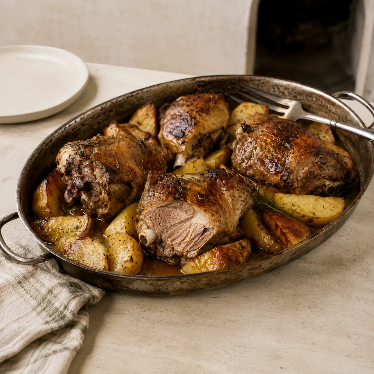 Quadratische Aufnahme gebratener Lammstücke mit goldenen Kartoffelspalten und Rosmarin in einem rustikalen Metallbräter