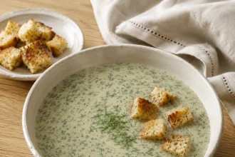 Quadratische Aufnahme einer hellen cremigen Dillsuppe mit grünen Dillspitzen und goldenen Brotwürfeln in einer weißen Schale
