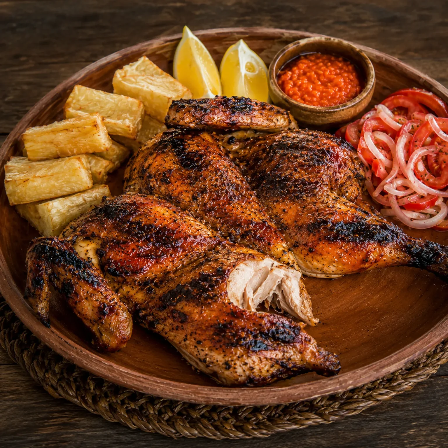 Stark gebräuntes flach gedrücktes Huhn mit Maniokstäbchen