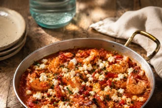 Griechisches Garnelen-Saganaki mit Tomatensauce und Feta in einer runden Pfanne