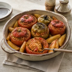Griechische Gemistá aus gefüllten Tomaten und Paprika mit Kartoffeln
