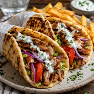 Schweine-Gyros in Pita mit Tzatziki Tomate und Zwiebel