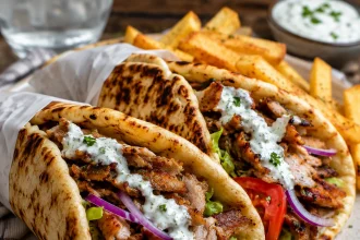 Schweine-Gyros in Pita mit Tzatziki Tomate und Zwiebel
