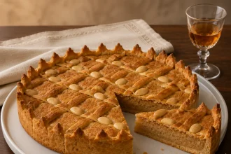 Quadratische Aufnahme einer angeschnittenen Imotska torta mit Teiggitter