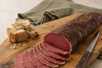 Quadratische Nahaufnahme eines luftgetrockneten Schweinerückens mit Pfefferkruste