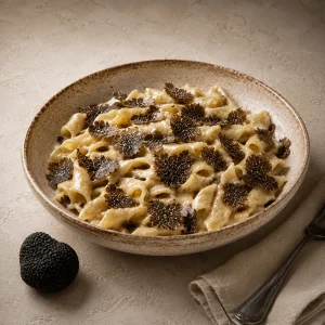 Quadratische Nahaufnahme einer Schale mit cremiger kurzer Pasta