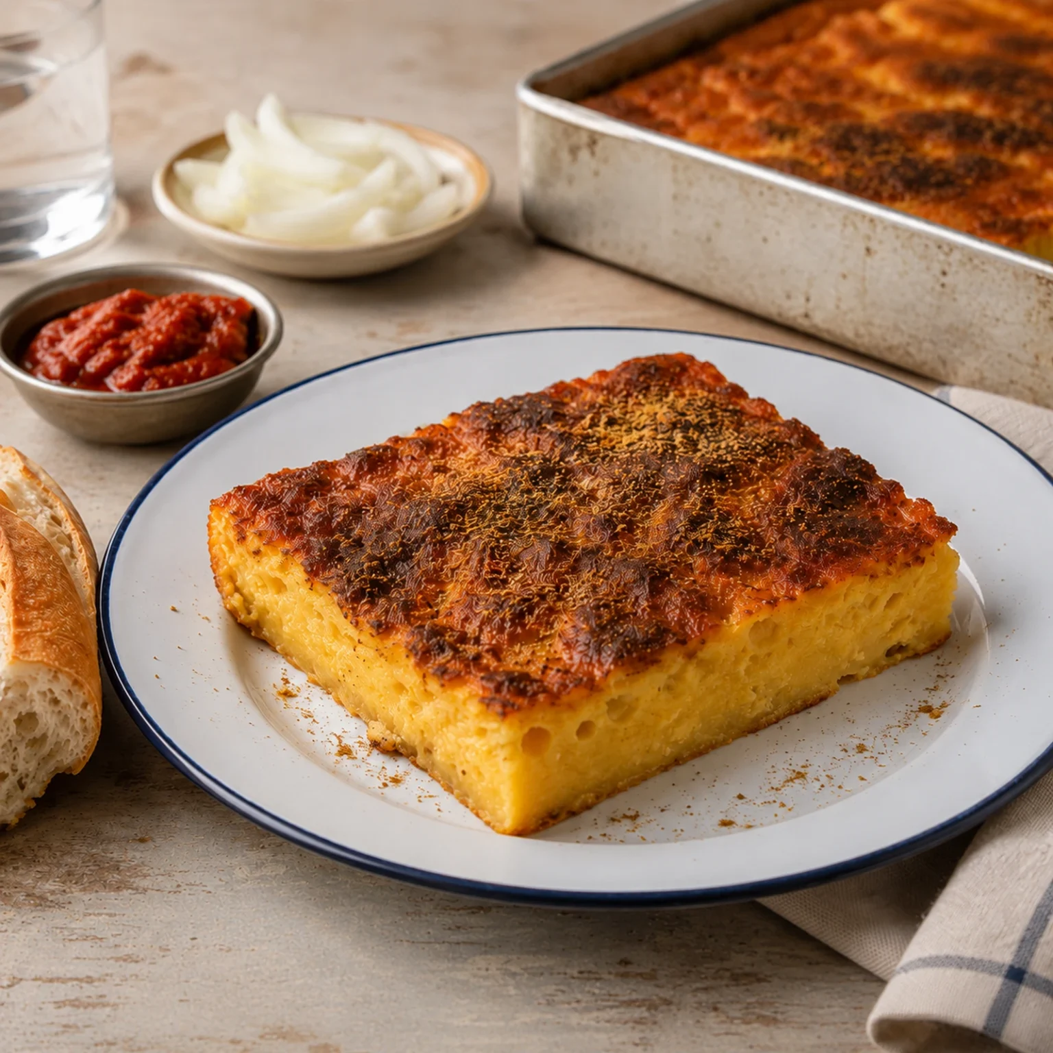 Quadratisches Stück Karantika mit dunkler Gewürzkruste auf Teller neben Brot und Harissa