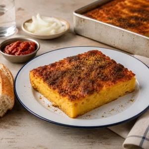 Quadratisches Stück Karantika mit dunkler Gewürzkruste auf Teller neben Brot und Harissa
