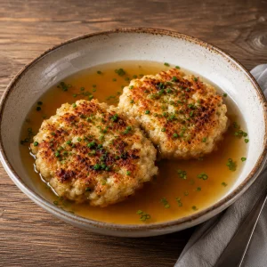 Zwei goldbraun gebratene Kaspressknödel in klarer Rindsuppe mit fein geschnittenem Schnittlauch