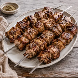 Griechisch kontosouvli Schweinefleischstücke auf Metallspießen gebräunt
