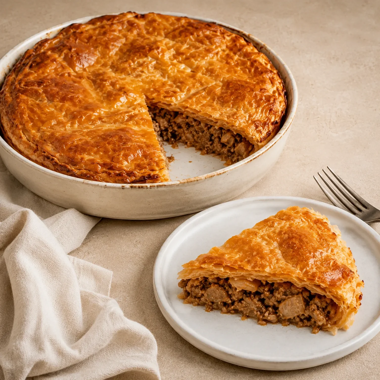 Runde griechische kreatopita mit knusprigem Filoteig und Fleischfüllung