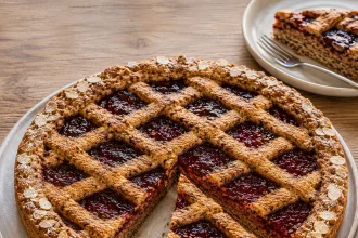 Angeschnittene Linzer Torte mit dunkler Ribiselkonfitüre