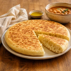 Rundes Matlouh mit goldenen Pfannenflecken und offenem Keil vor Schale mit Kichererbsensuppe
