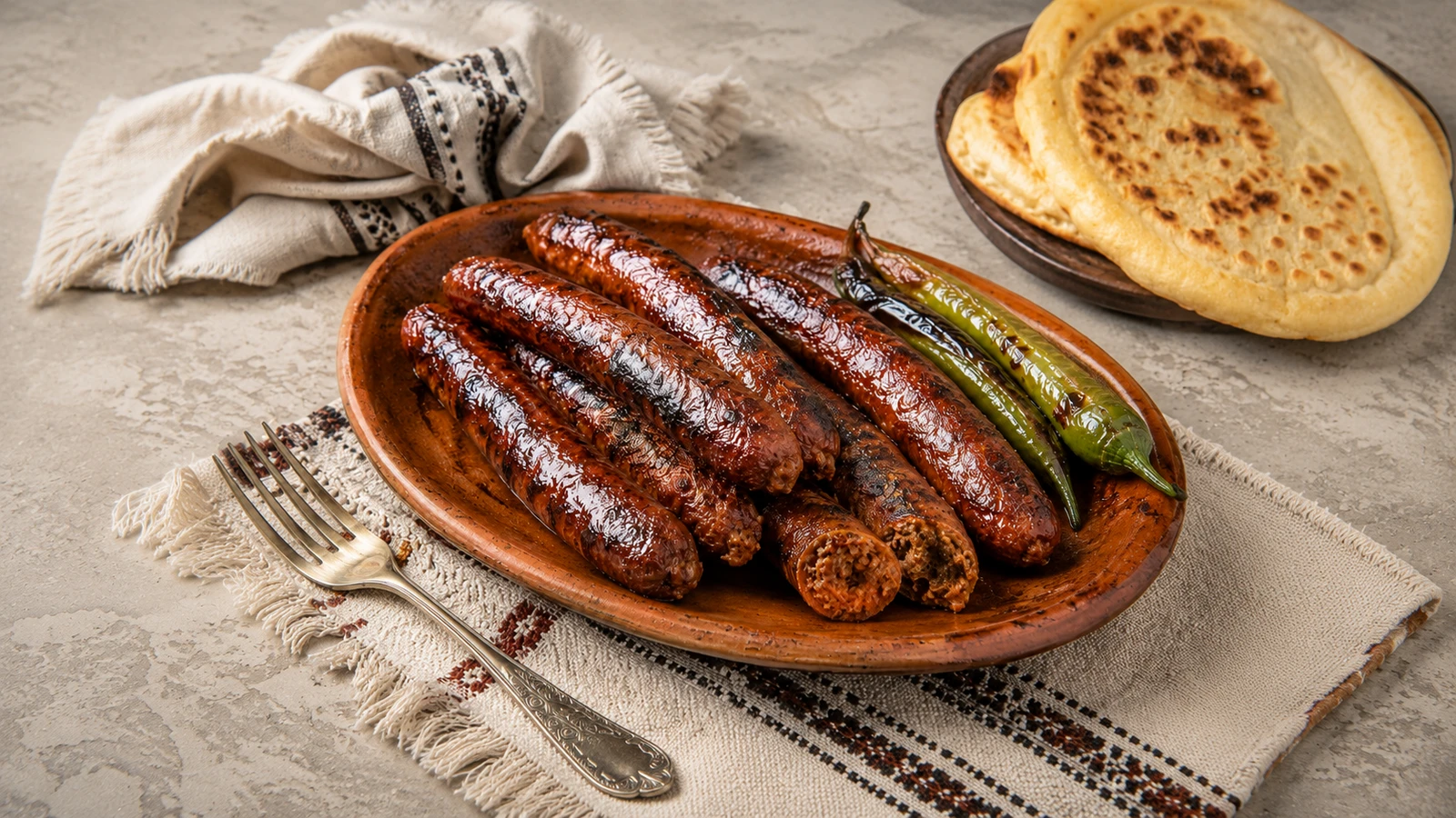 Breite Terrakottaplatte mit gegrillten Merguez, grünen Paprika und rundem Fladenbrot