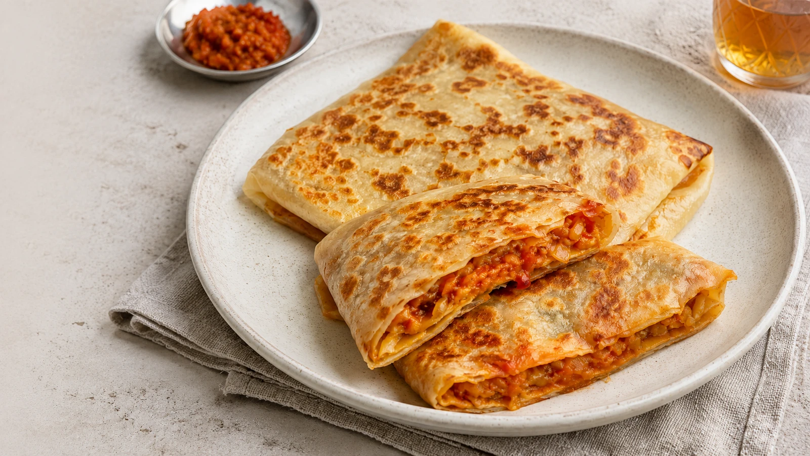 Breiter Teller mit quadratischen Mhadjeb und angeschnittenem Fladen voller Tomaten-Zwiebel-Füllung