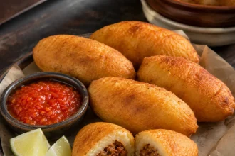 Goldbraune Pastéis de Mandioca mit sichtbarer Rindfleischfüllung und Limettenspalten