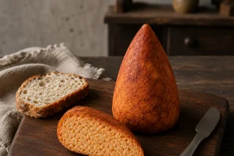 Rötlicher kegelförmiger Prga-Käse mit angeschnittener krümeliger Mitte auf dunklem Holzbrett