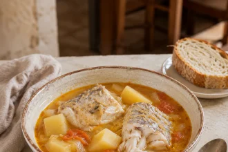 Griechische Psarosoupa mit Weißfisch