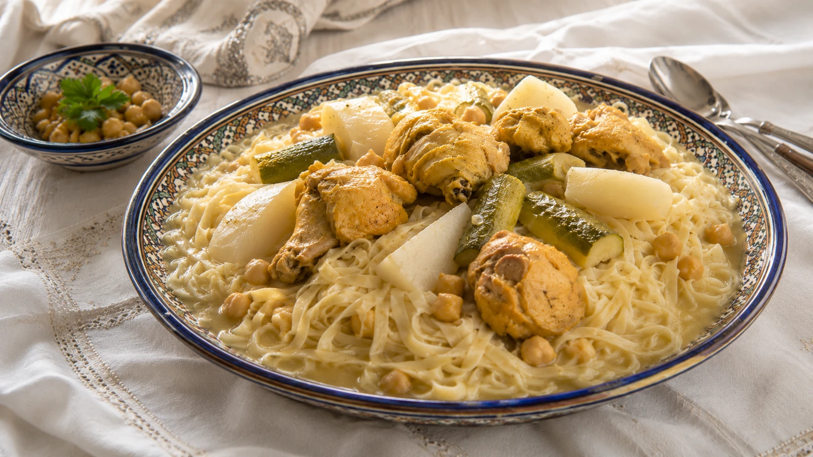 Breite Platte Rechta mit feinen Nudeln, Huhn, Kichererbsen, Rüben und Zucchini