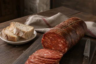 Große gebundene Kulen-Wurst und dünne rote Scheiben auf einem dunklen Holzbrett