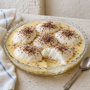 Sechs weiße Baiserinseln in gelber Vanillecreme in einer runden Glasschale