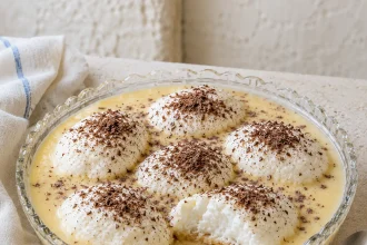 Sechs weiße Baiserinseln in gelber Vanillecreme in einer runden Glasschale