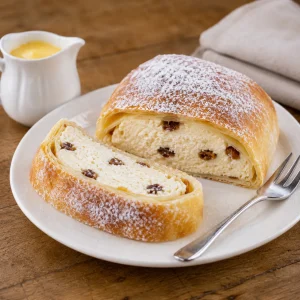 Aufgeschnittener Topfenstrudel mit cremiger Rosinenfüllung