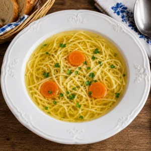 Klare goldene Rindfleischsuppe mit sehr feinen Nudeln
