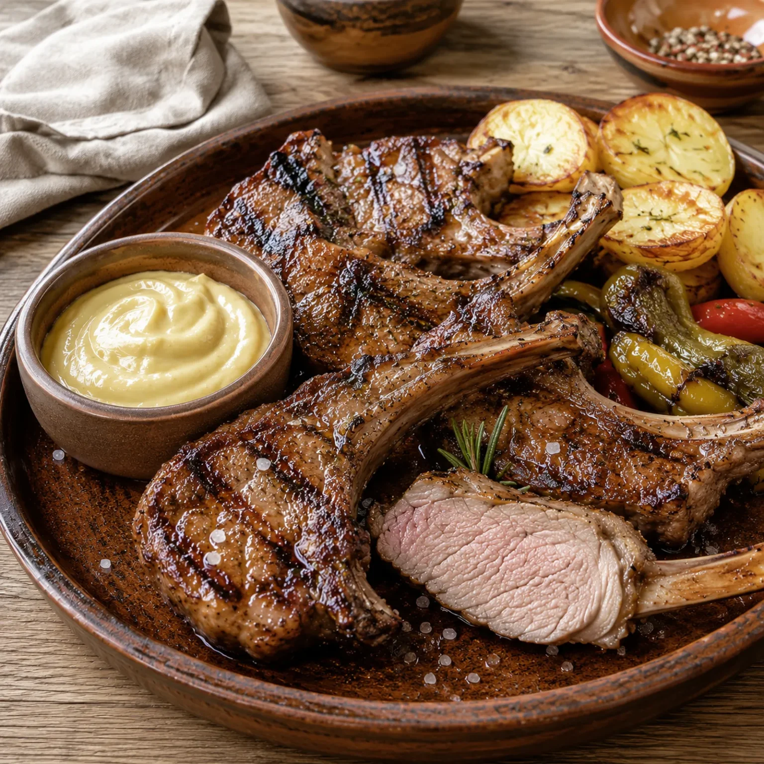 Gegrillte Lammkoteletts auf brauner Platte mit rosa Anschnitt