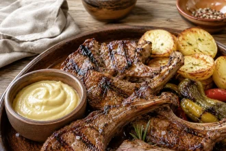 Gegrillte Lammkoteletts auf brauner Platte mit rosa Anschnitt