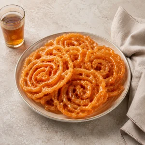 Orange glänzende Zlabia-Spiralen auf einem runden Teller neben einem Glas Tee und hellem Leinentuch