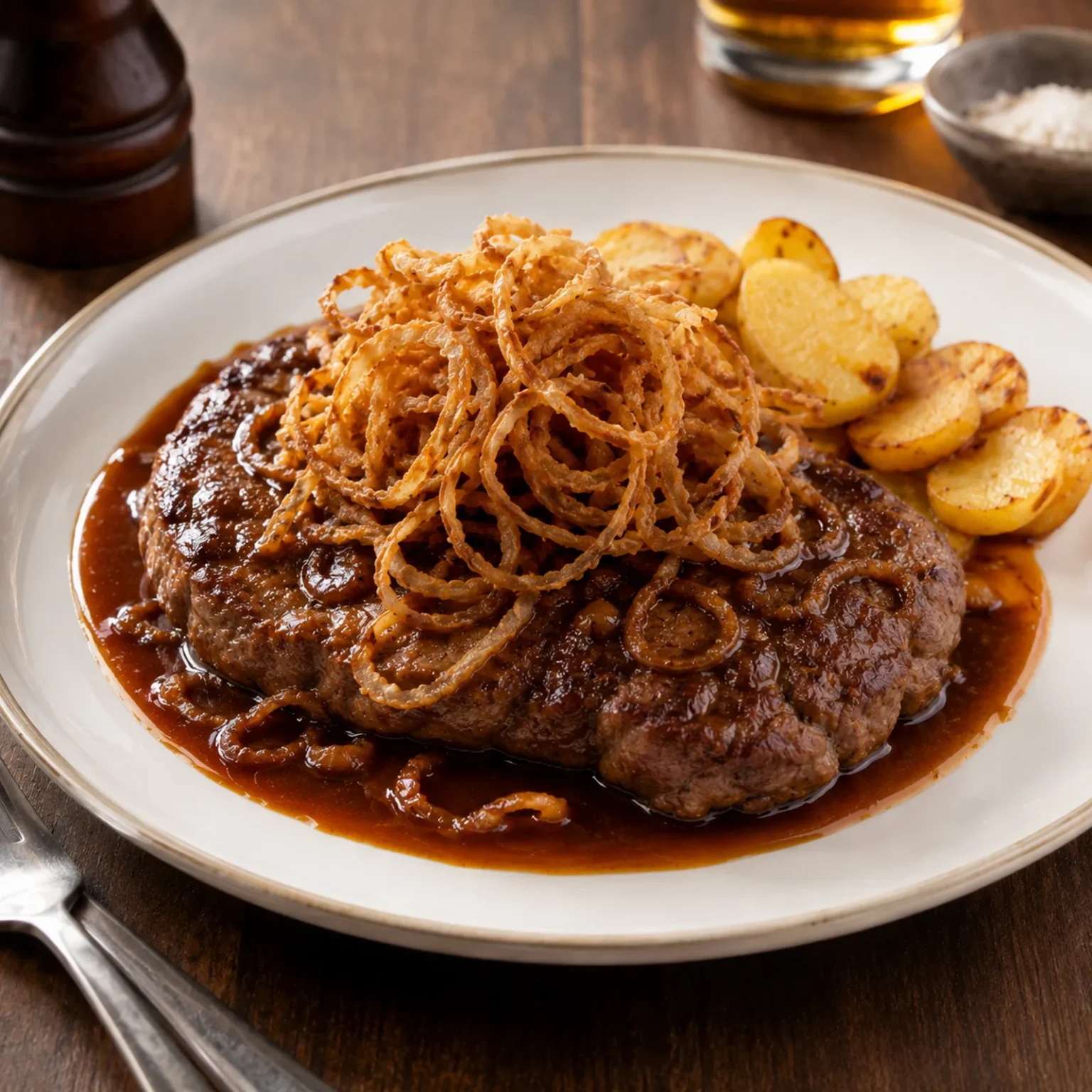 Zwiebelrostbraten in dunklem Bratensaft mit hohem Nest aus knusprigen Zwiebelringen und gebratenen Erdäpfeln