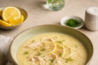 Quadratische Aufnahme von helle Avgolemono-Suppe in einer breiten grünen Schale mit Hähnchen