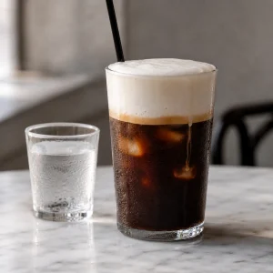 Nahaufnahme eines geschichteten Freddo Cappuccino mit dunklem Espresso